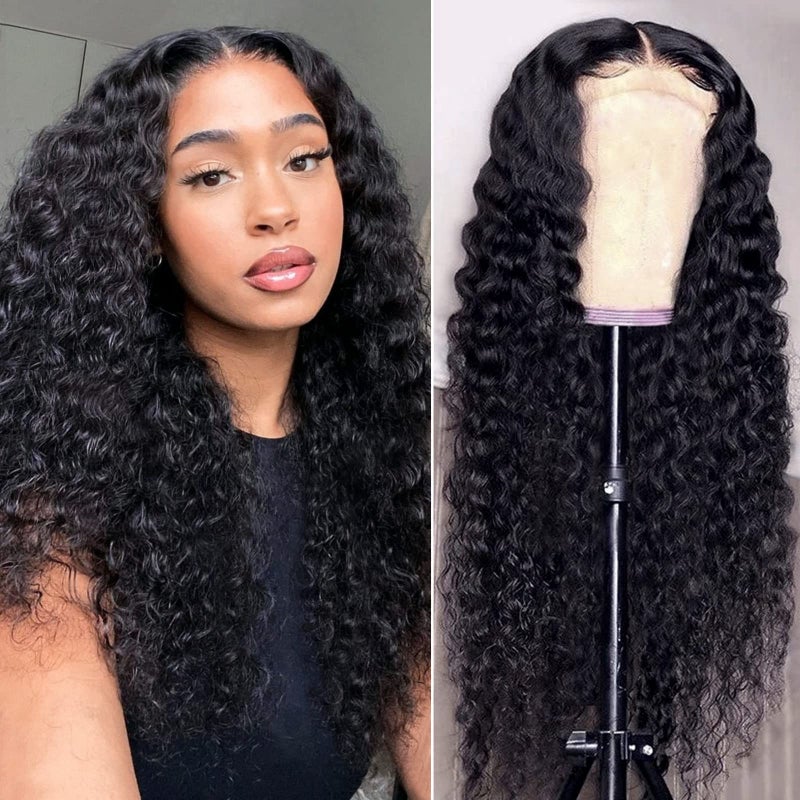 AISI Deep Wave Lace Closure Wigs Human Hair 180 Density Wigs for Black Women 4X4 Transparent Lace Front Wigs Human Hair Glueless Brazilian Wet and Wavy Wigs Pre Plucked with Baby Hair 26 Inch